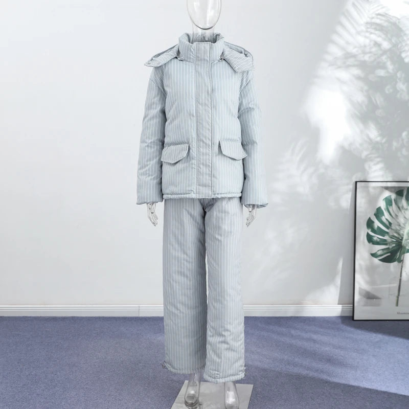 Striped Padded Coat & Straight-Leg Pants Set