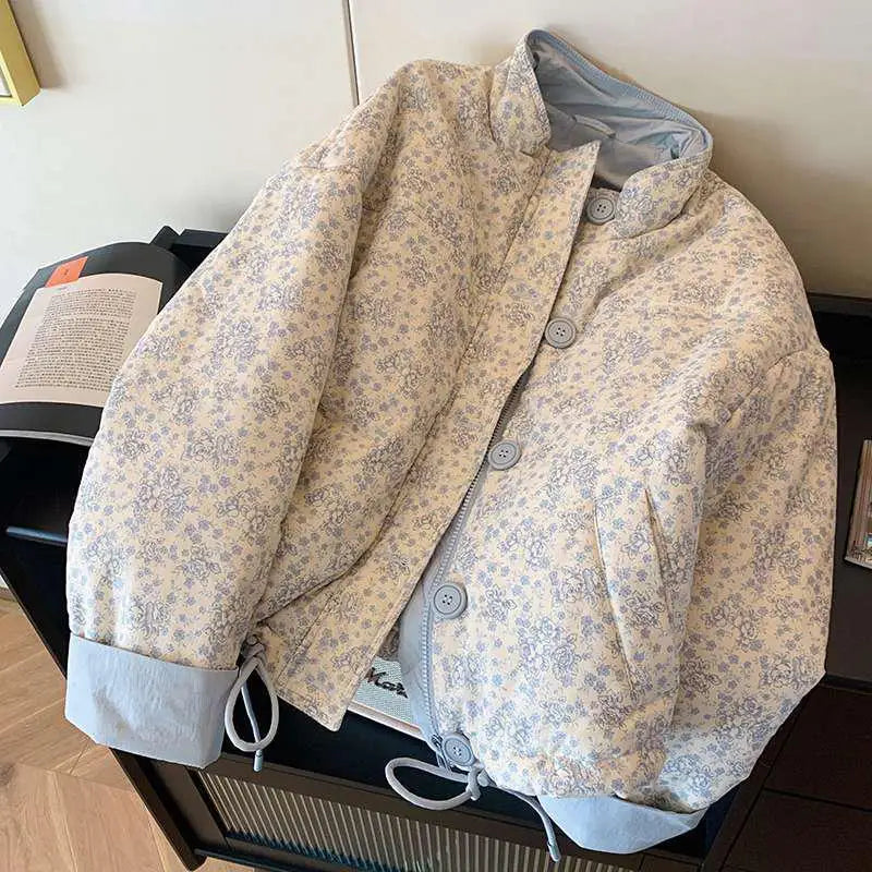 Printed Stand-Collar Zip Cotton Jacket