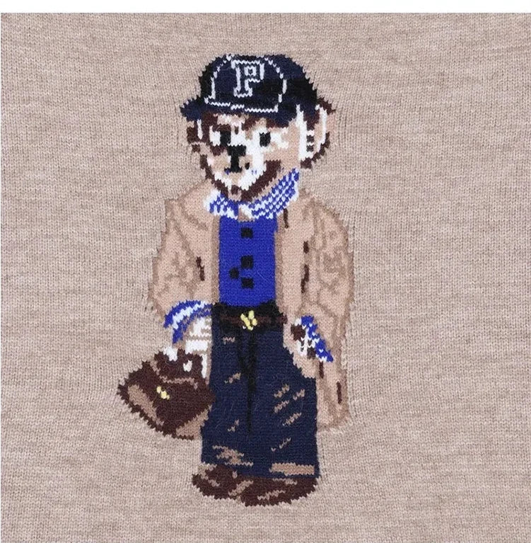 Crochet Bear Jacquard Knit Pullover Sweater
