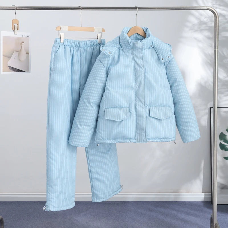 Striped Padded Coat & Straight-Leg Pants Set