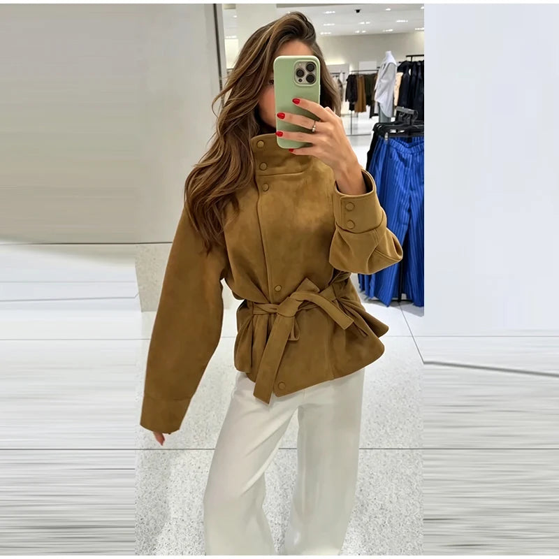 Faux Suede Belted V-Neck Short Jacket