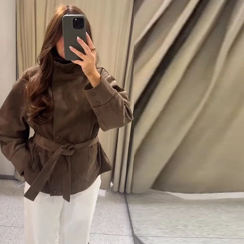 Faux Suede Belted V-Neck Short Jacket