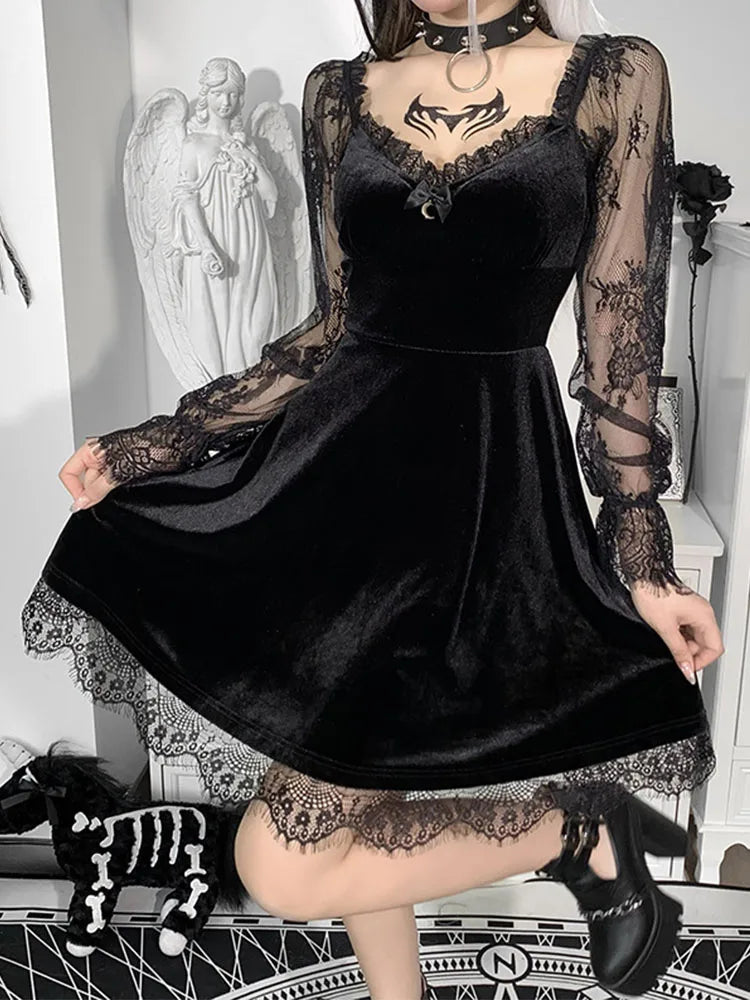 Raven Velvet & Lace A-Line Mini Dress