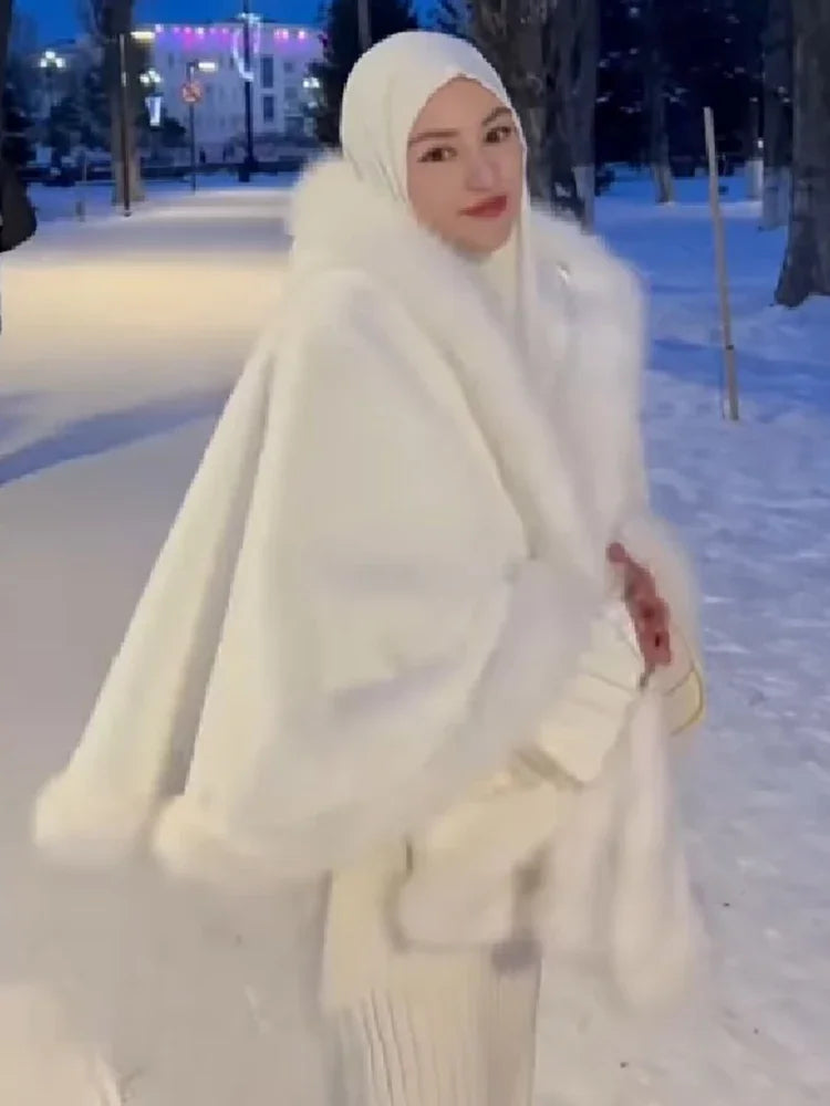 Fur-Trim Hooded Cape Coat