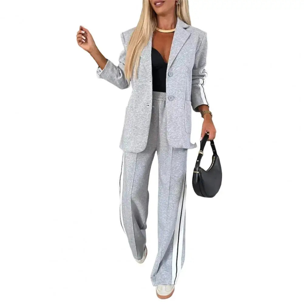 Striped V-Neck Coat & Wide-Leg Pants Set