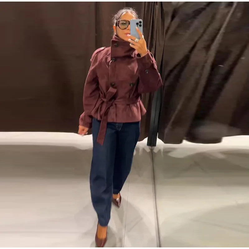 Faux Suede Belted V-Neck Short Jacket
