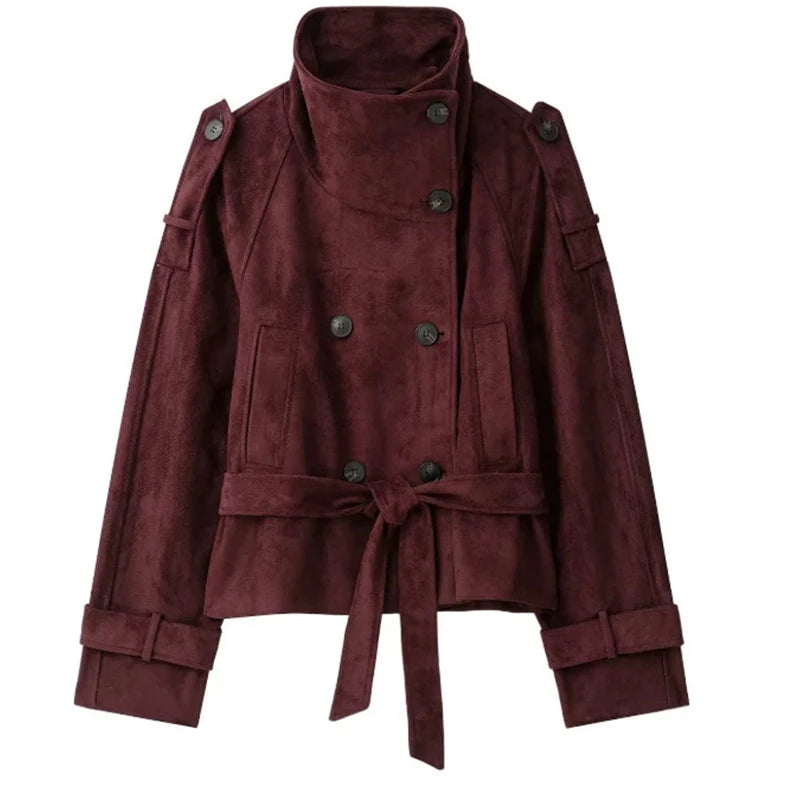 Faux Suede Belted V-Neck Short Jacket