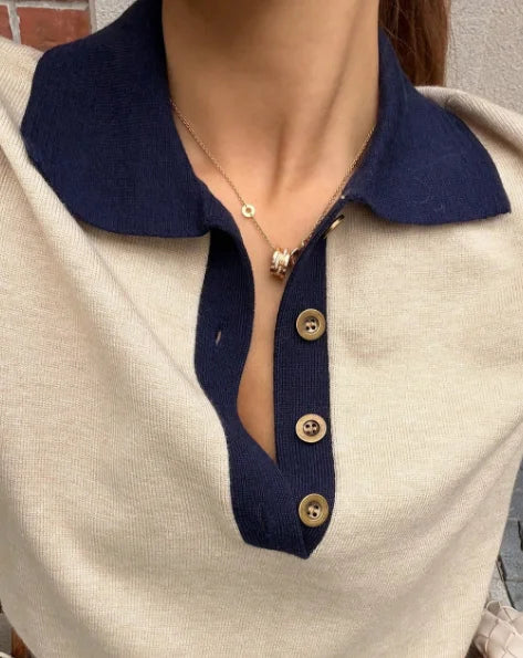 Korean Style Color Block Polo Neck Knitwear Women's Slim Fit Long Sleeve Base Shirt Autumn Winter Fashion Casual Top