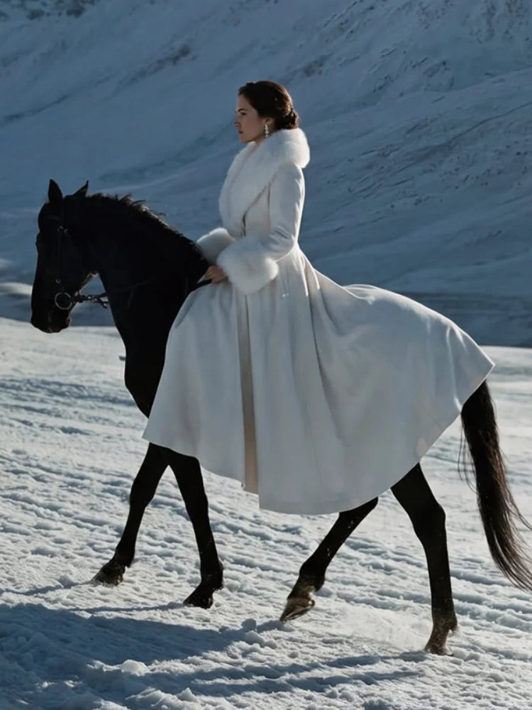 Fur-Collar Wool-Blend Long Coat