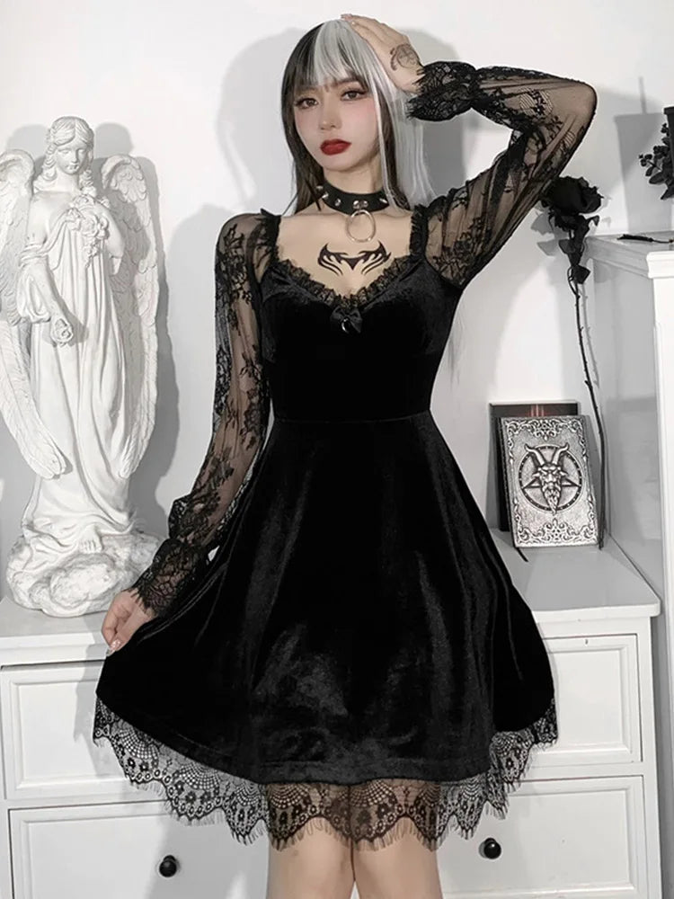 Raven Velvet & Lace A-Line Mini Dress