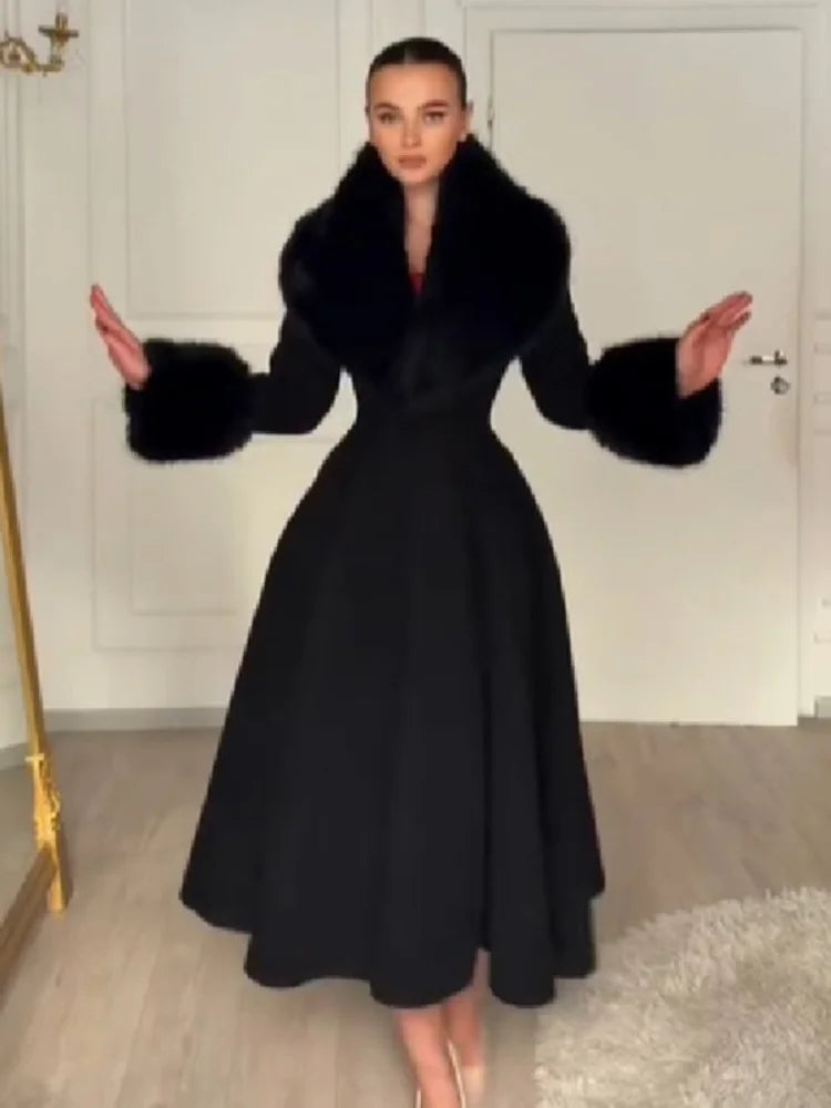 Fur-Collar Wool-Blend Long Coat