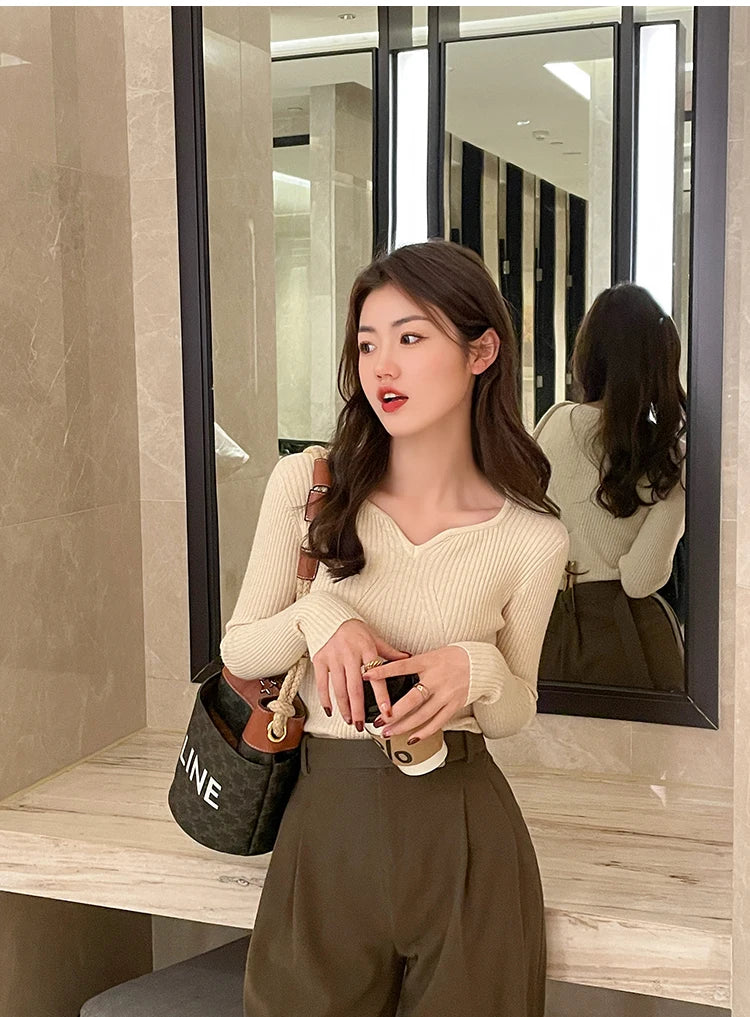 Slim V-Neck Ribbed Knit Sweater