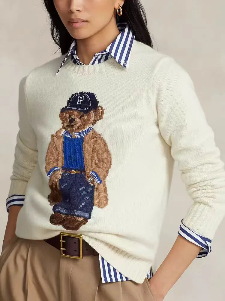 Crochet Bear Jacquard Knit Pullover Sweater