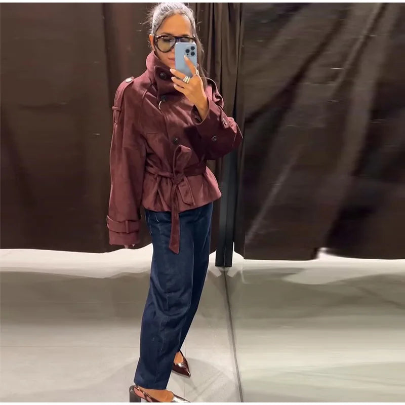 Faux Suede Belted V-Neck Short Jacket