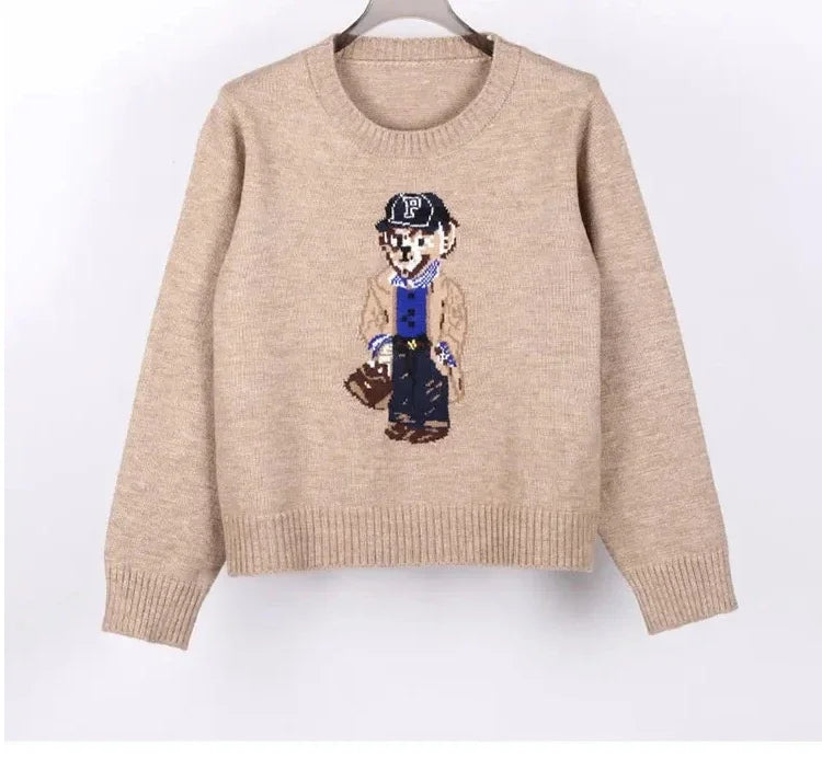 Crochet Bear Jacquard Knit Pullover Sweater