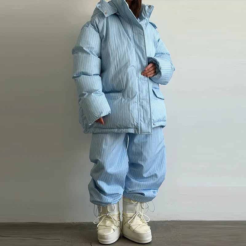 Striped Padded Coat & Straight-Leg Pants Set