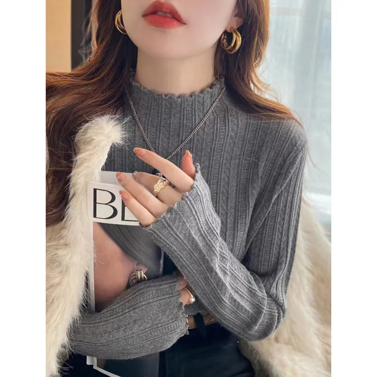Ruffled Turtleneck Knit Sweater