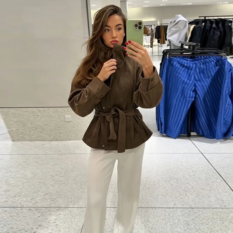 Faux Suede Belted V-Neck Short Jacket
