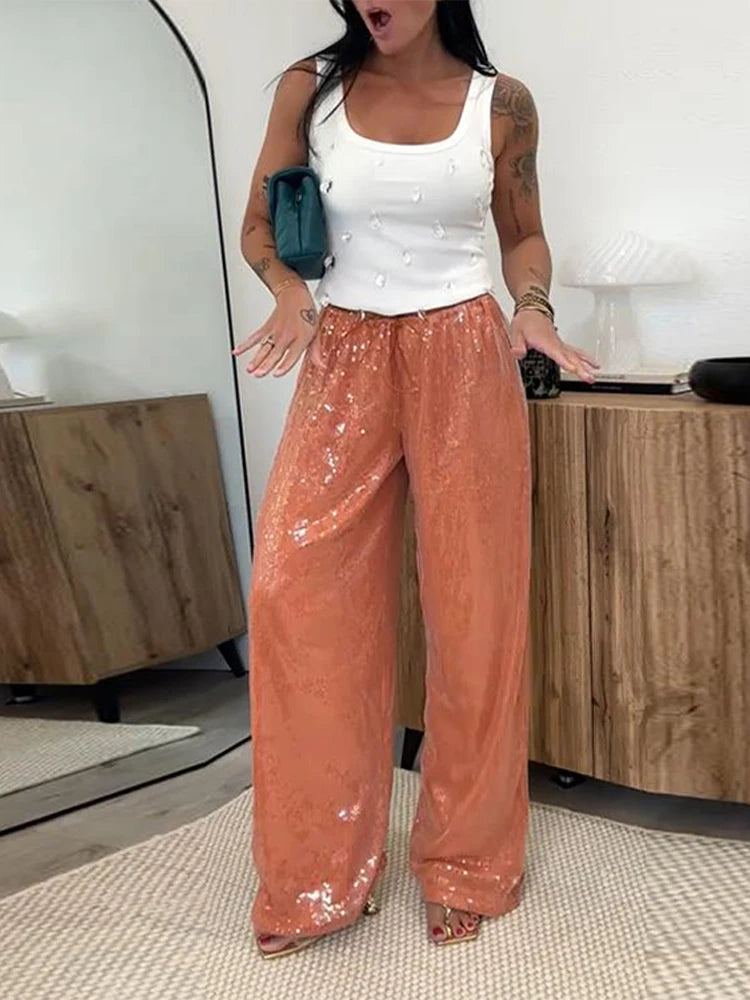 Sequin High-Waist Wide-Leg Pants