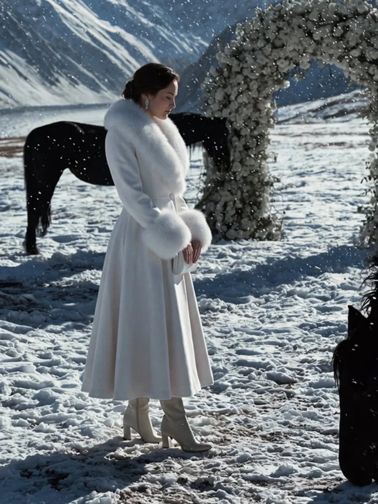 Fur-Collar Wool-Blend Long Coat
