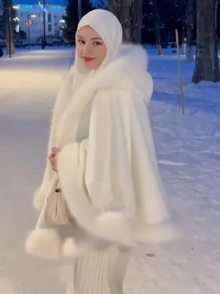 Fur-Trim Hooded Cape Coat