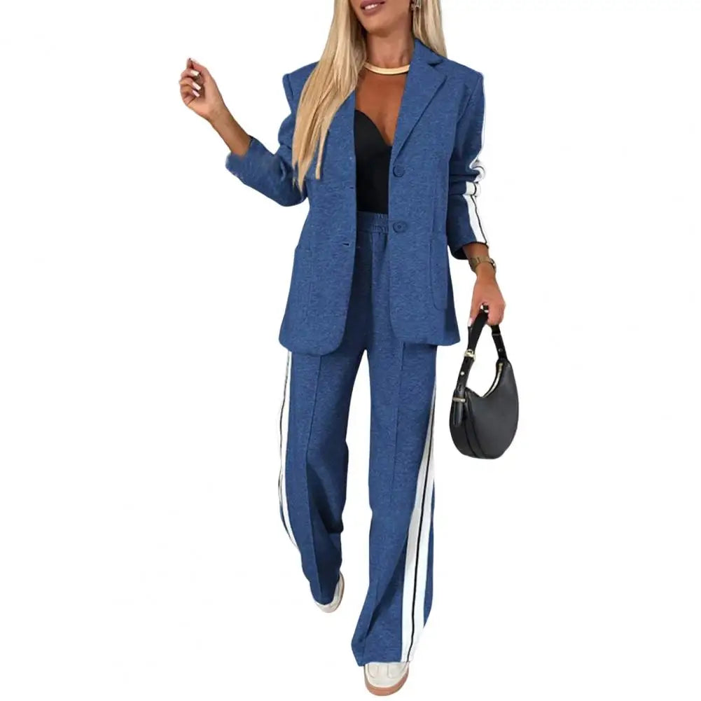 Striped V-Neck Coat & Wide-Leg Pants Set