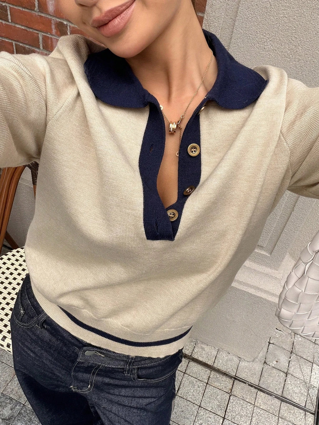 Korean Style Color Block Polo Neck Knitwear Women's Slim Fit Long Sleeve Base Shirt Autumn Winter Fashion Casual Top