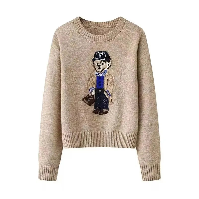 Crochet Bear Jacquard Knit Pullover Sweater