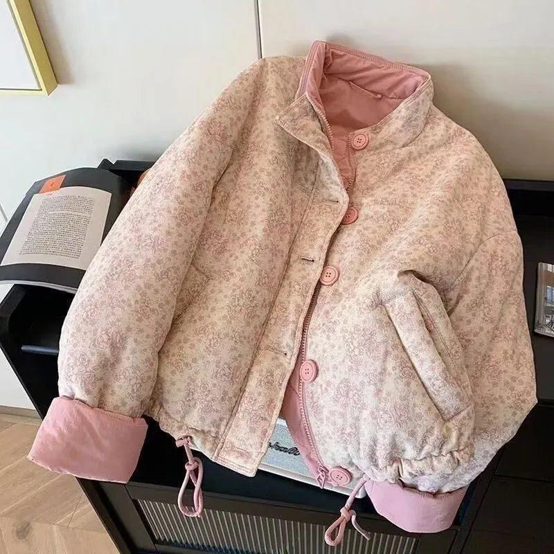 Printed Stand-Collar Zip Cotton Jacket