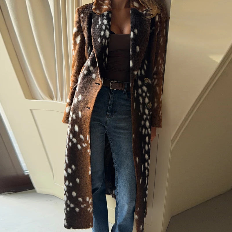 Deer Print Faux Fur Double-Breasted Long Coat
