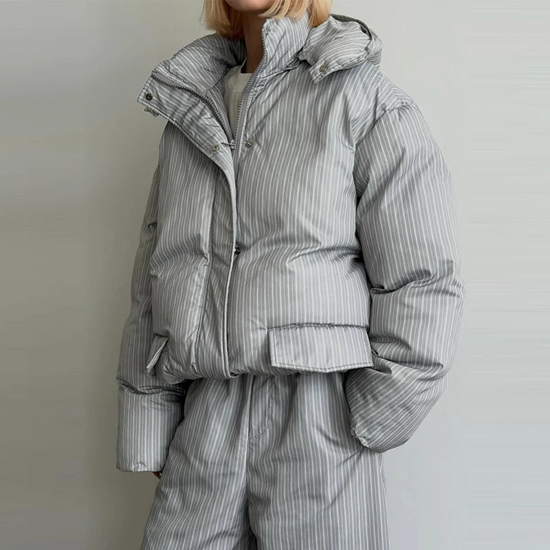 Striped Padded Coat & Straight-Leg Pants Set