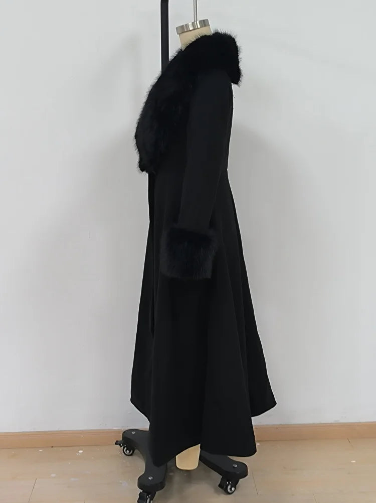 Fur-Collar Wool-Blend Long Coat