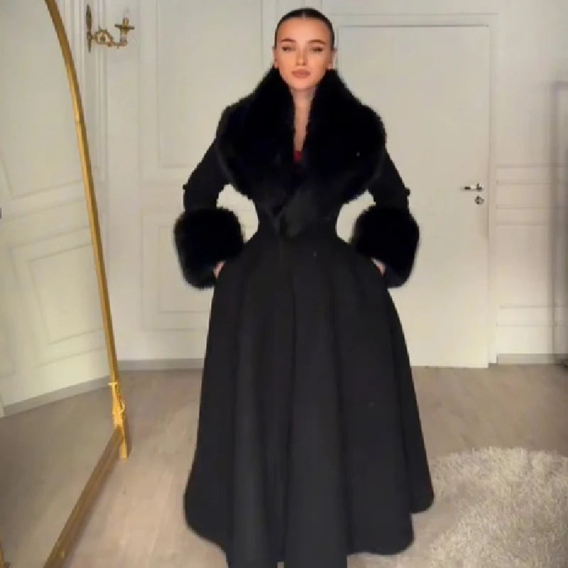 Fur-Collar Wool-Blend Long Coat