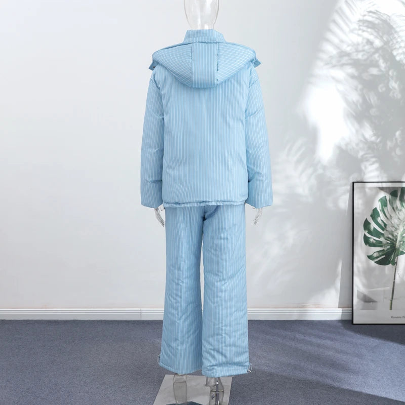 Striped Padded Coat & Straight-Leg Pants Set