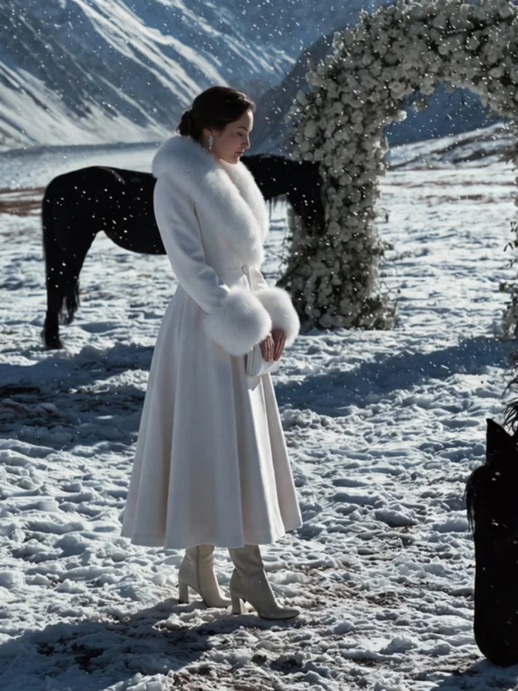 Fur-Collar Wool-Blend Long Coat