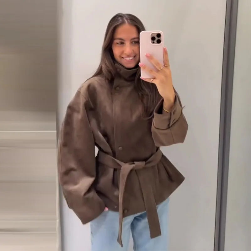 Faux Suede Belted V-Neck Short Jacket