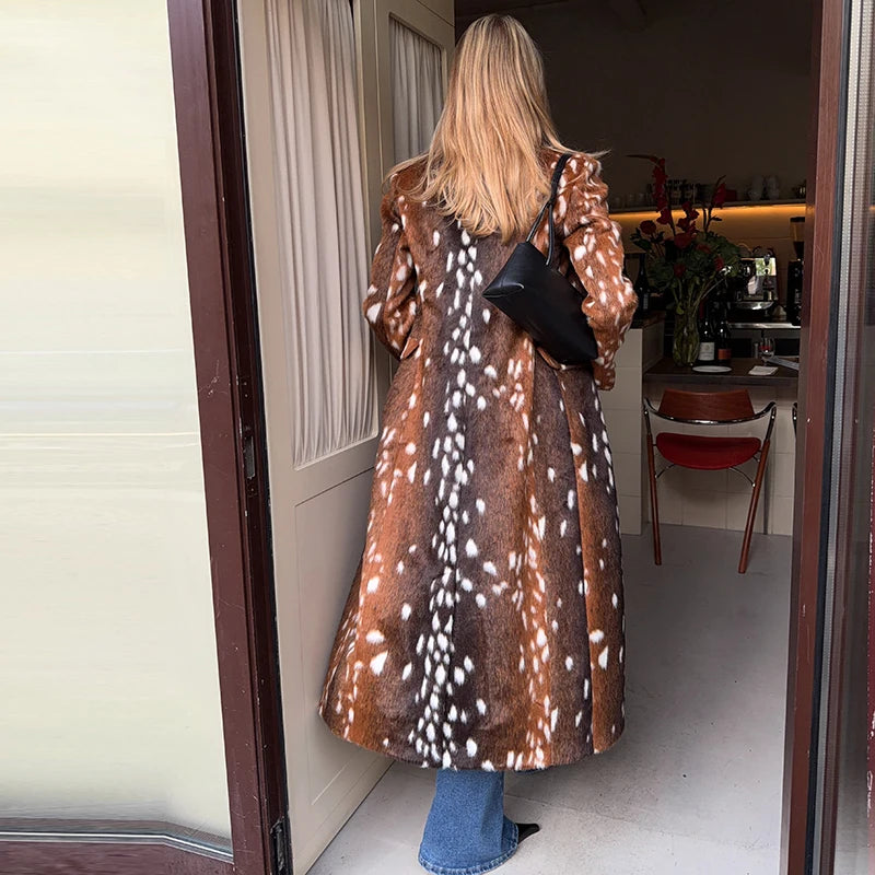 Deer Print Faux Fur Double-Breasted Long Coat