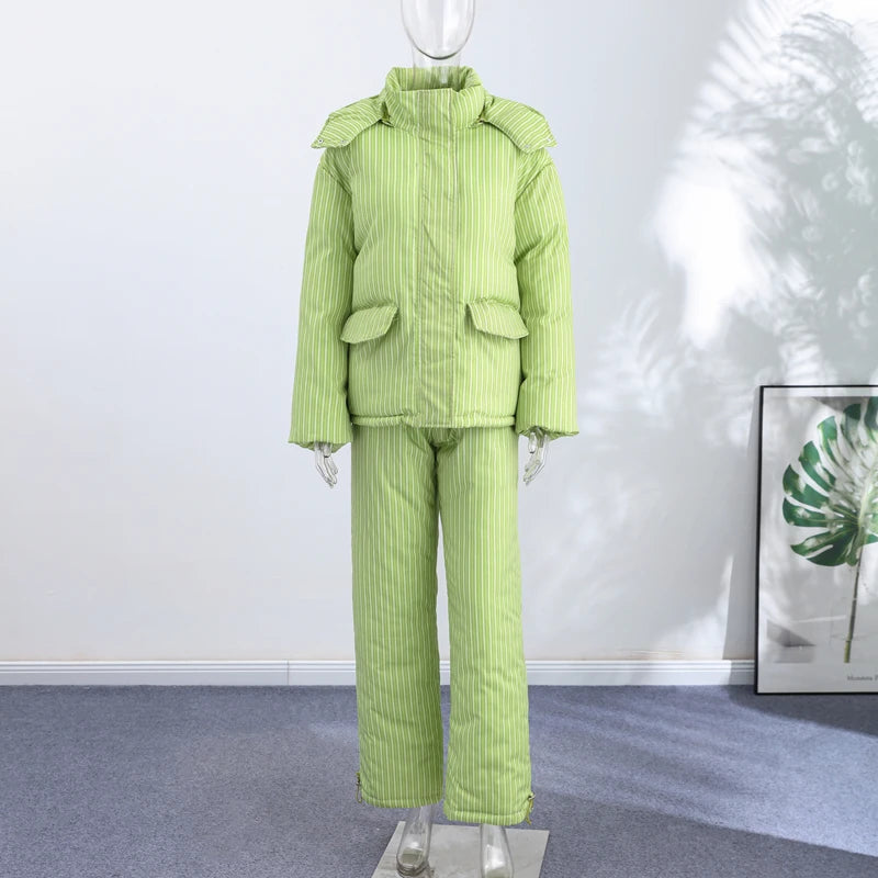 Striped Padded Coat & Straight-Leg Pants Set