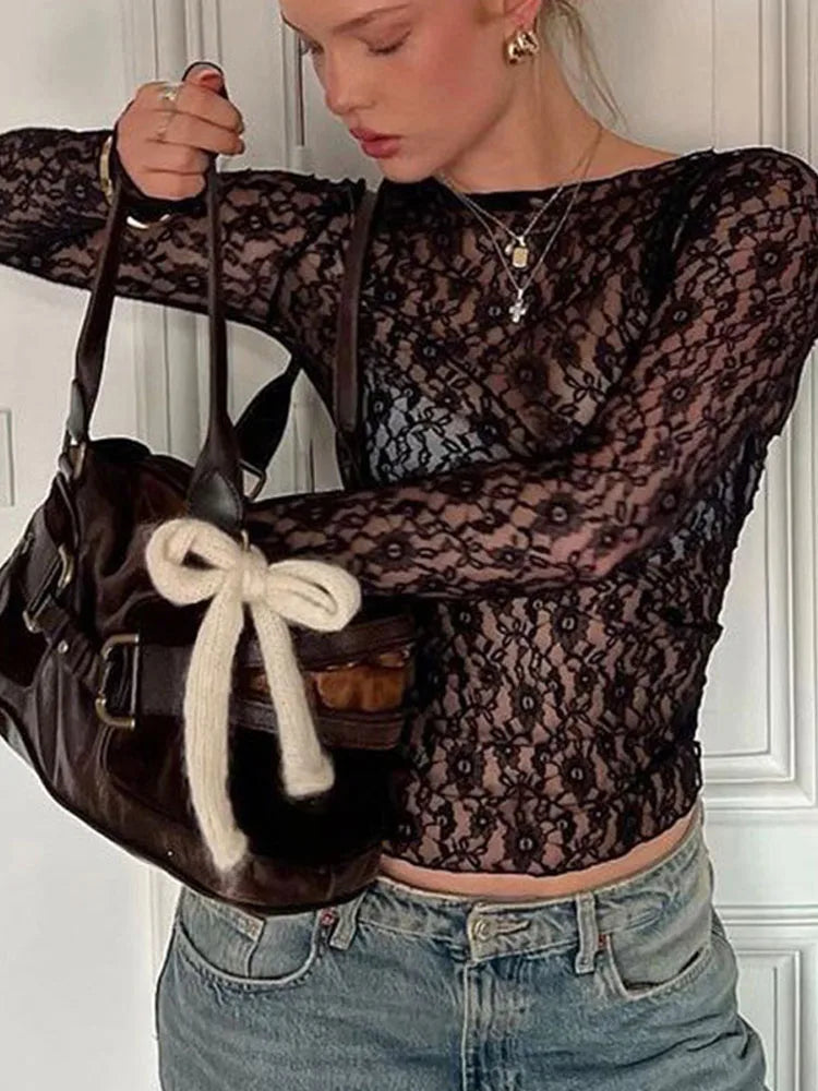 Long-Sleeve Lace Crop Top