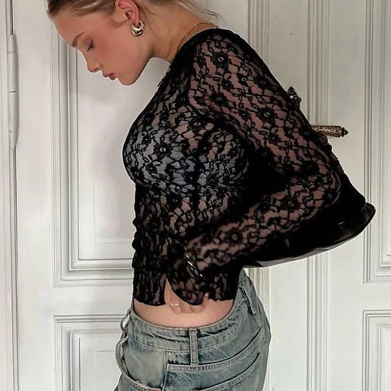 Sheer Lace Long-Sleeve Crop Top