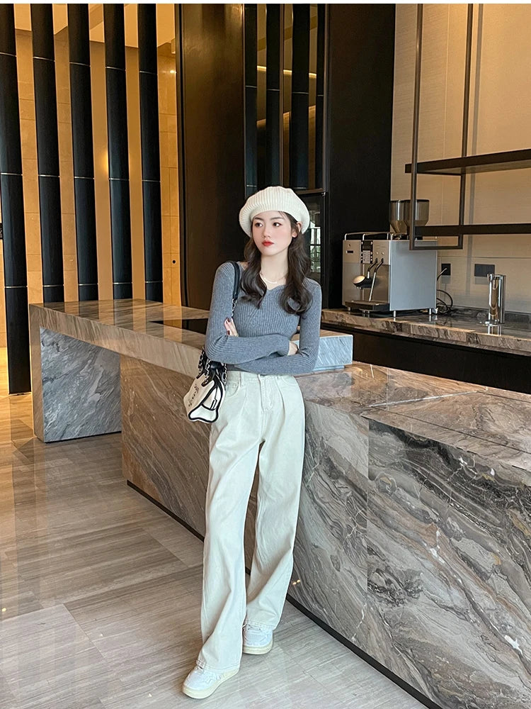Slim V-Neck Ribbed Knit Sweater