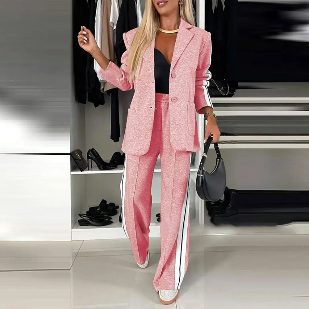 Striped V-Neck Coat & Wide-Leg Pants Set