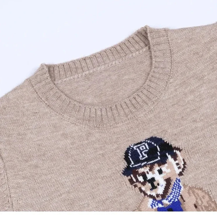 Crochet Bear Jacquard Knit Pullover Sweater