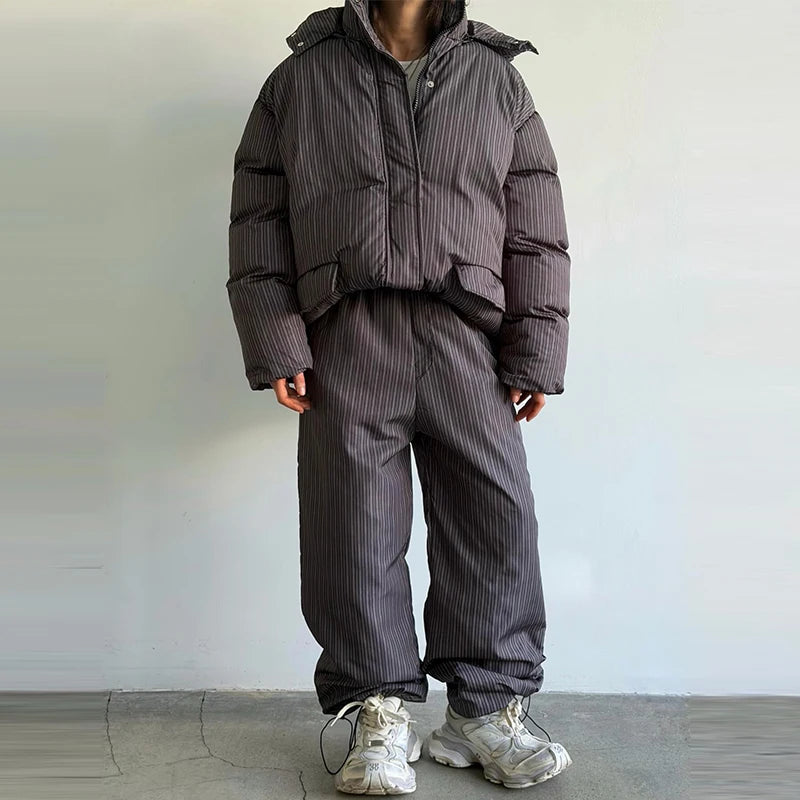 Striped Padded Coat & Straight-Leg Pants Set