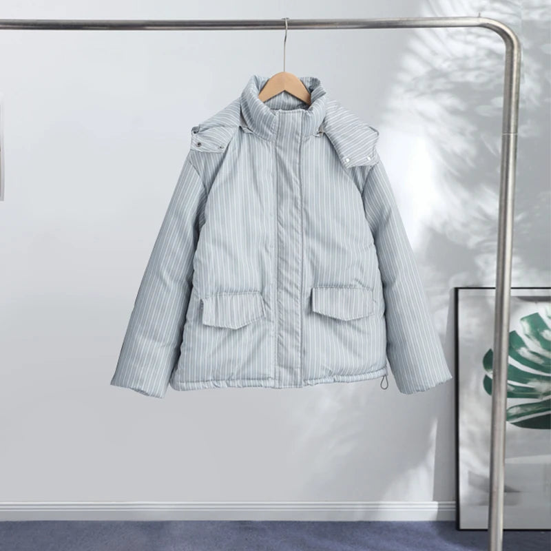 Striped Padded Coat & Straight-Leg Pants Set