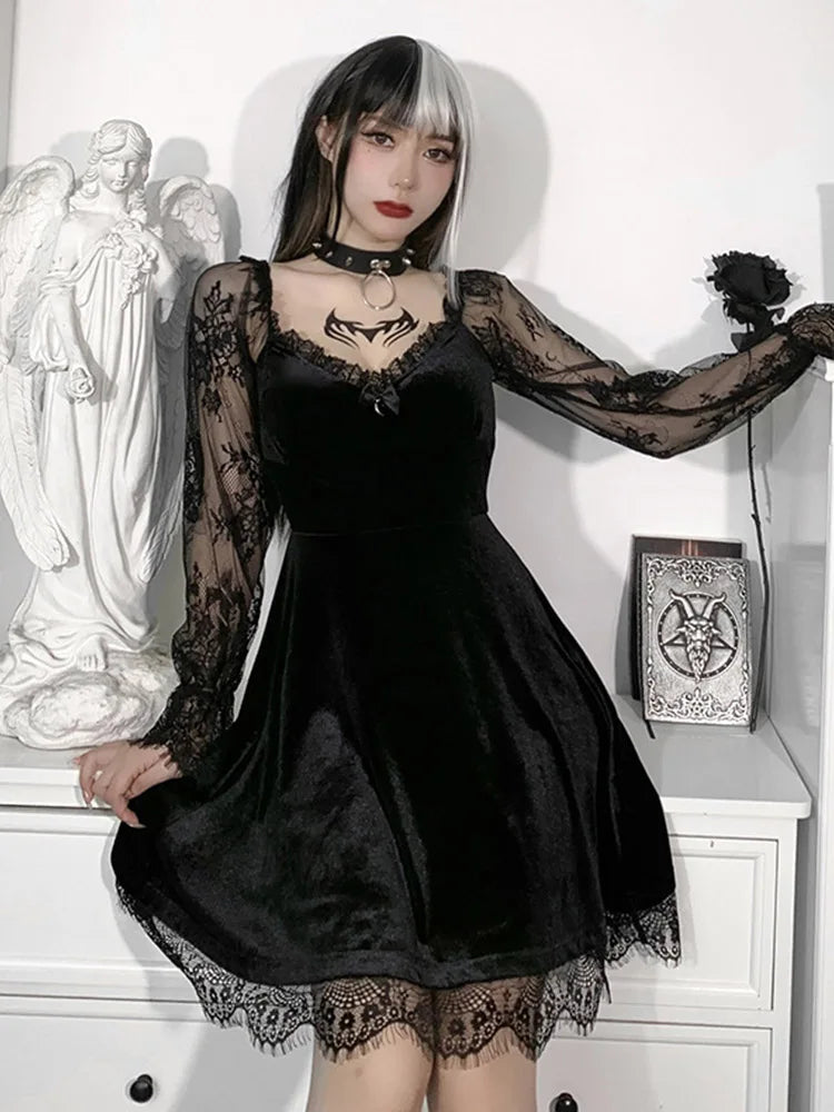 Raven Velvet & Lace A-Line Mini Dress