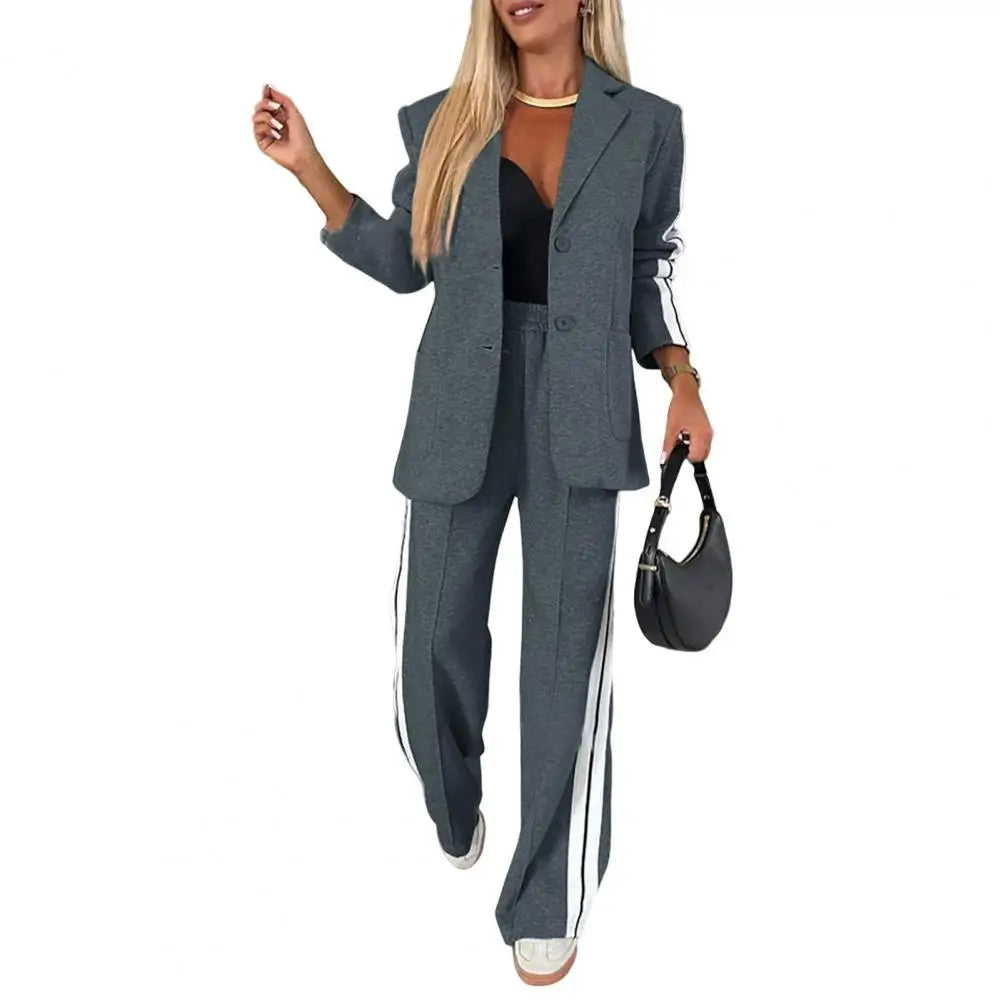 Striped V-Neck Coat & Wide-Leg Pants Set