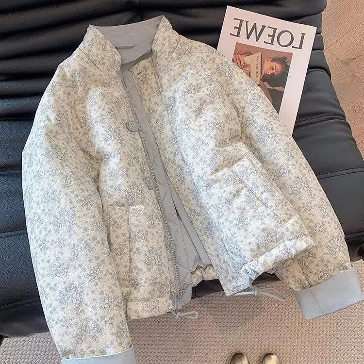 Printed Stand-Collar Zip Cotton Jacket