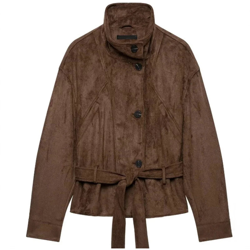 Faux Suede Belted V-Neck Short Jacket