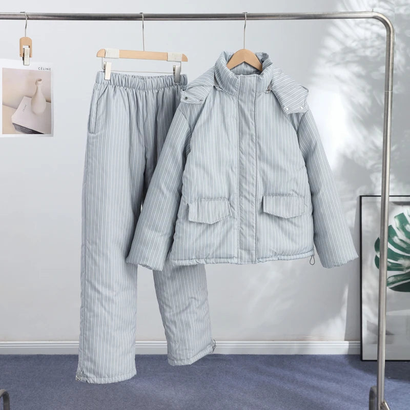 Striped Padded Coat & Straight-Leg Pants Set
